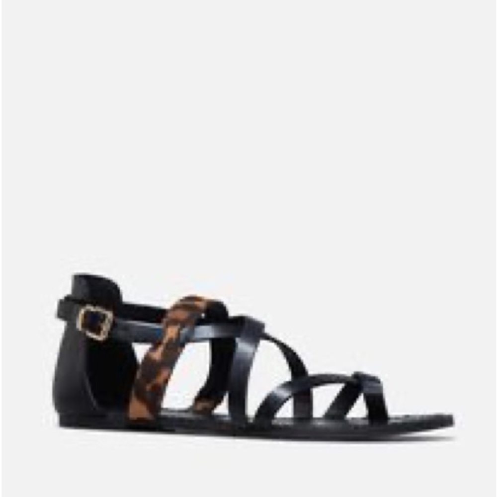 JustFab North Strappy Flat Sandal with Buckle | Black & Animal Print | Size 7
